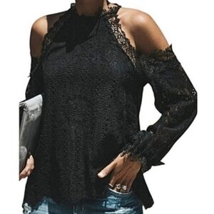 Women's Black Lace Cold Shoulder Long Sleeve Blouse Size S